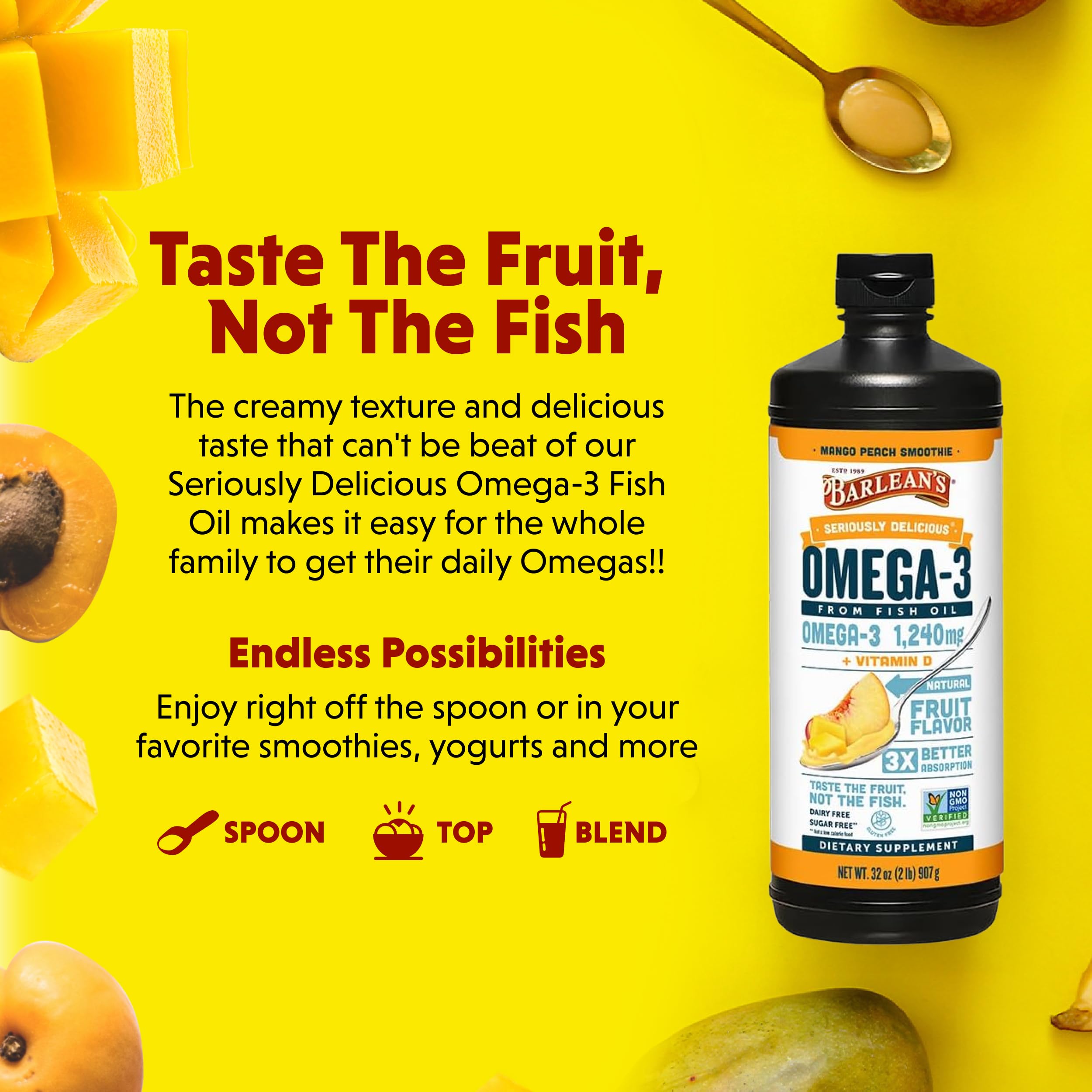Barlean's Mango Peach Omega-3 added to a smoothie