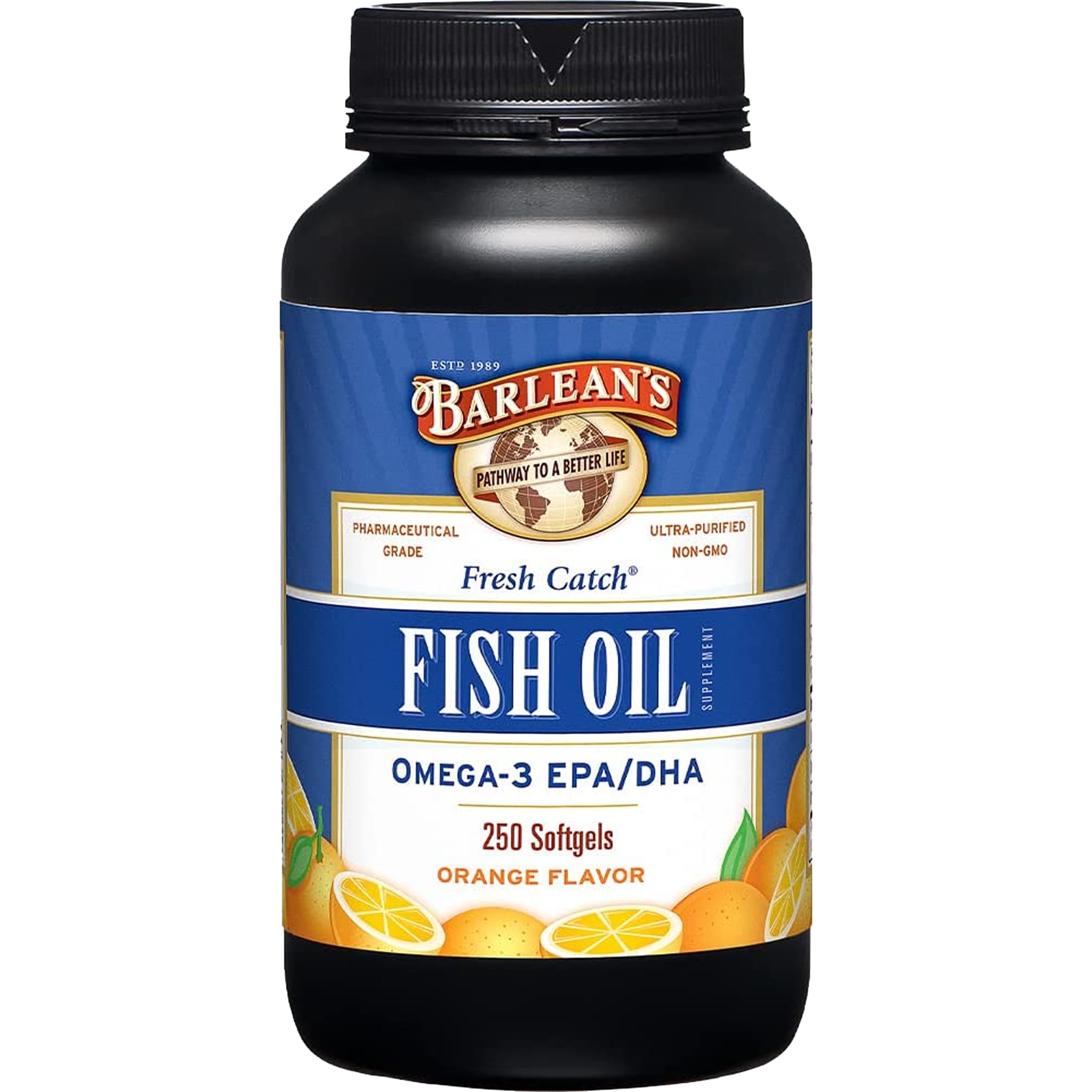 Barlean's Omega-3 orange-flavored softgels bottle for convenient daily supplementation with potential heart support
