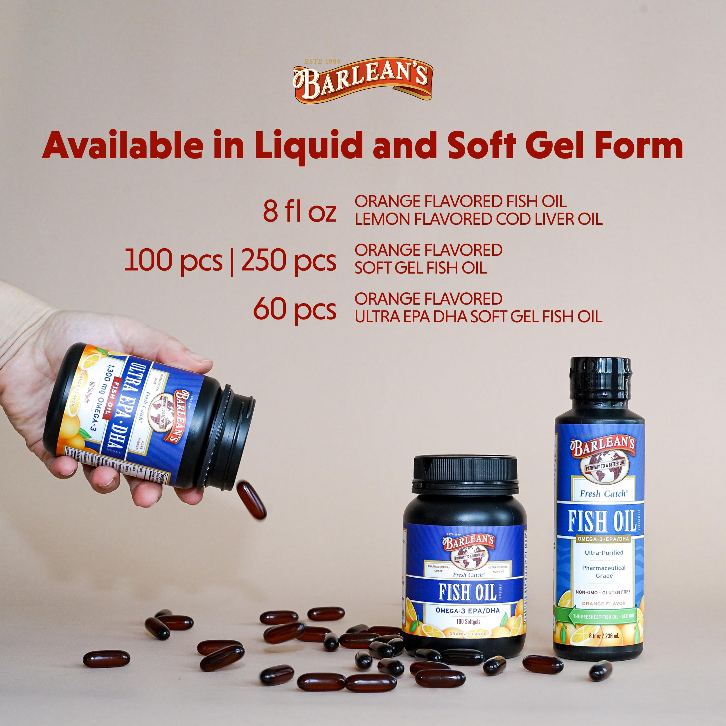 Barlean's Omega-3 softgels back-label showing dosage guidance