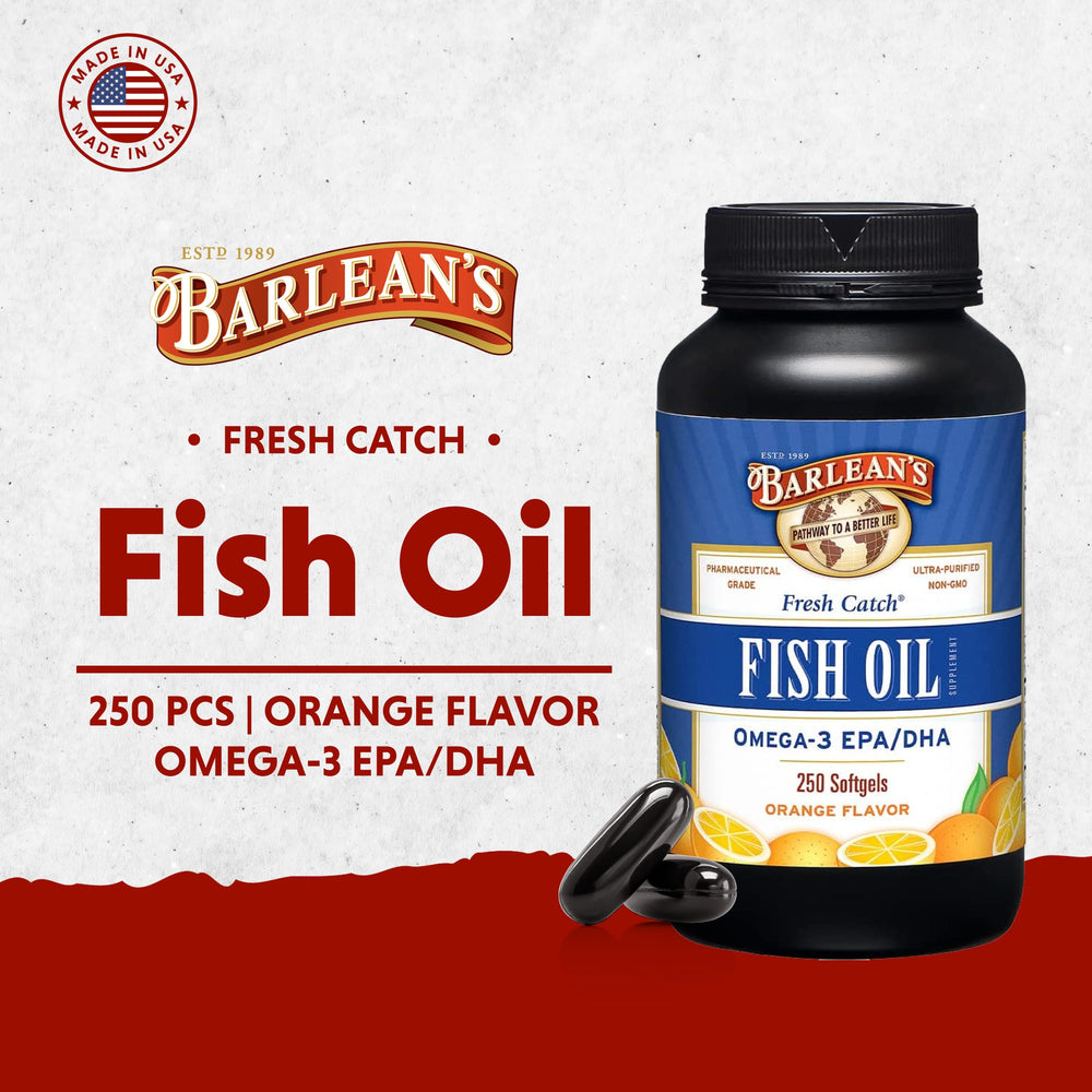 Barlean's Omega-3 softgels close-up label highlighting purity and high EPA/DHA content