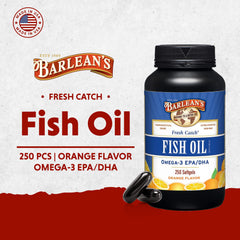 Barlean's Omega-3 softgels close-up label highlighting purity and high EPA/DHA content