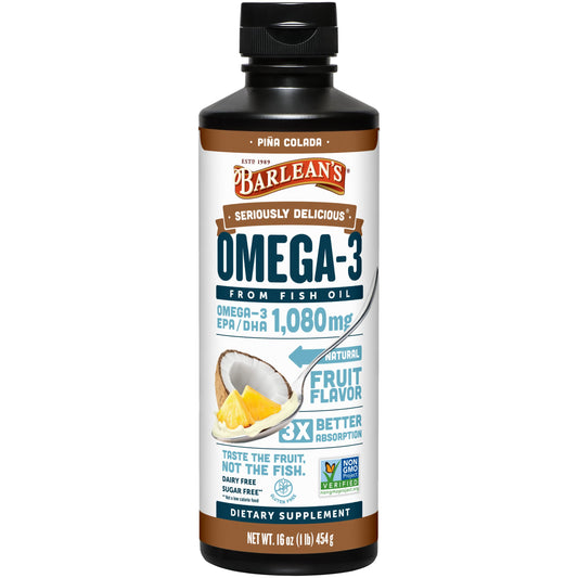 Barlean's Omega-3 fish oil bottle with Pina Colada flavor for daily wellness