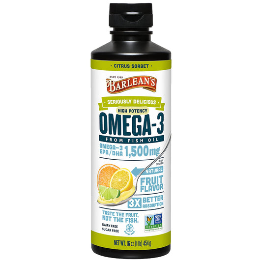 Barlean's Omega 3 liquid bottle pour demonstrates easy dosing with emulsified, burp-free delivery.