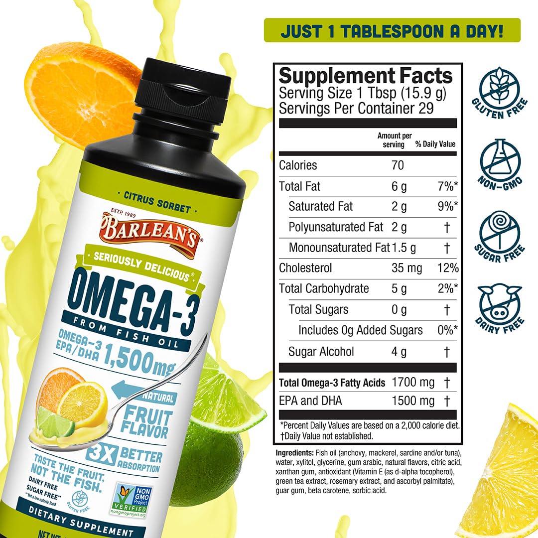 Barlean's Omega 3 liquid with dairy-free and sugar-free formula supports simple daily intake.
