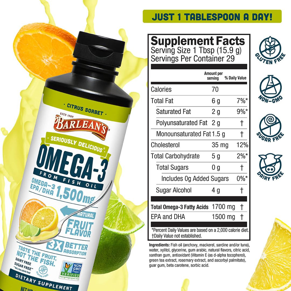 Barlean's Omega 3 liquid with dairy-free and sugar-free formula supports simple daily intake.