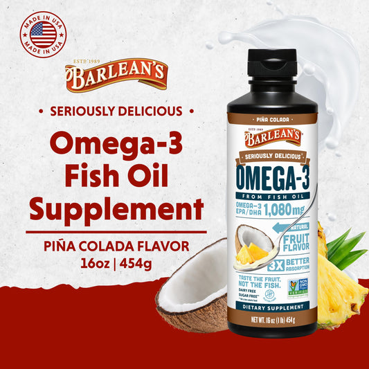 Barlean's Omega-3 Pina Colada being poured into yogurt for easy daily intake