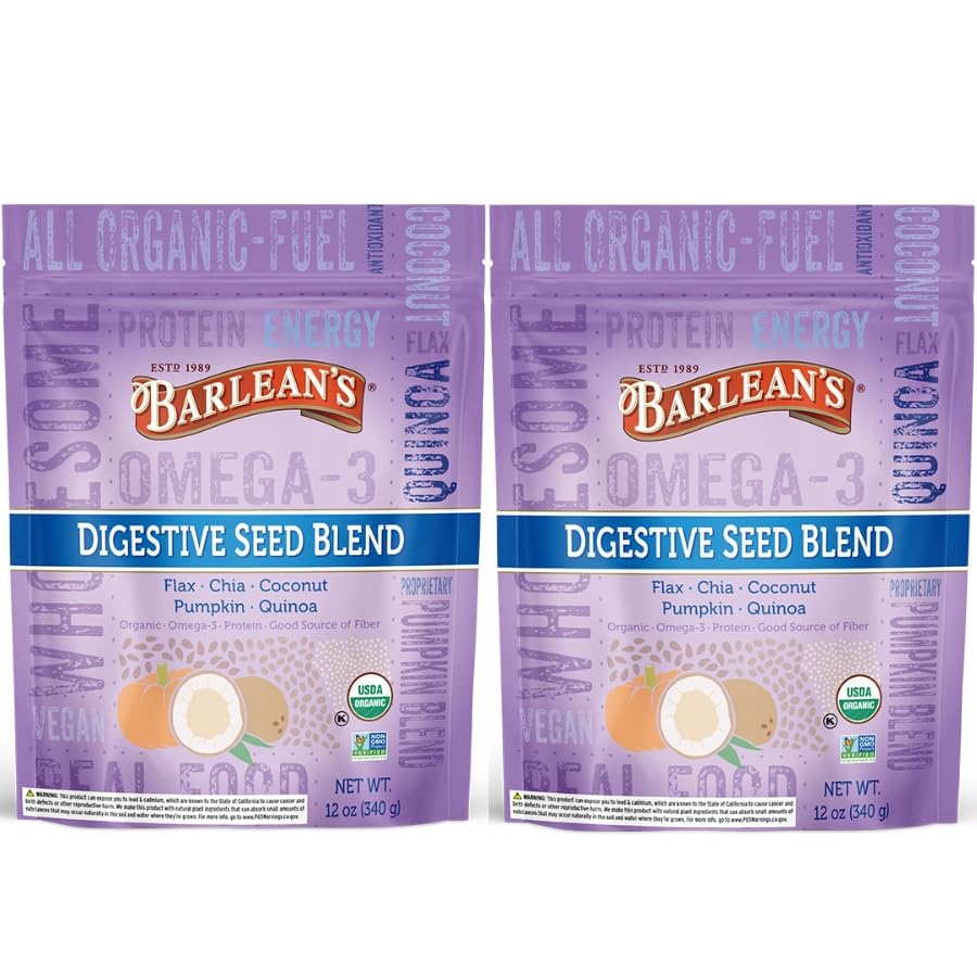 Barlean's Organic Digestive Seed Blend bottle showing omega-3 and fiber benefits.