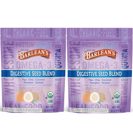 Barlean's Organic Digestive Seed Blend bottle showing omega-3 and fiber benefits.