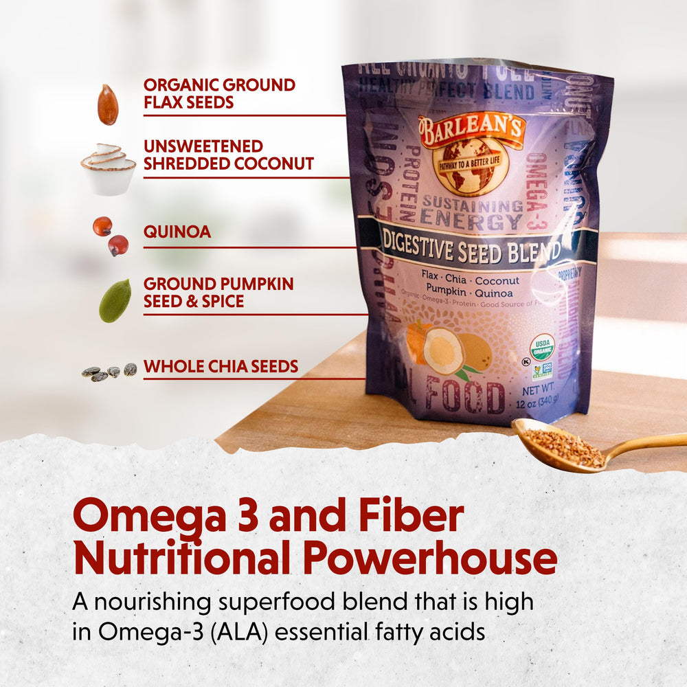 Barlean's Organic Digestive Seed Blend over oats to boost fiber.