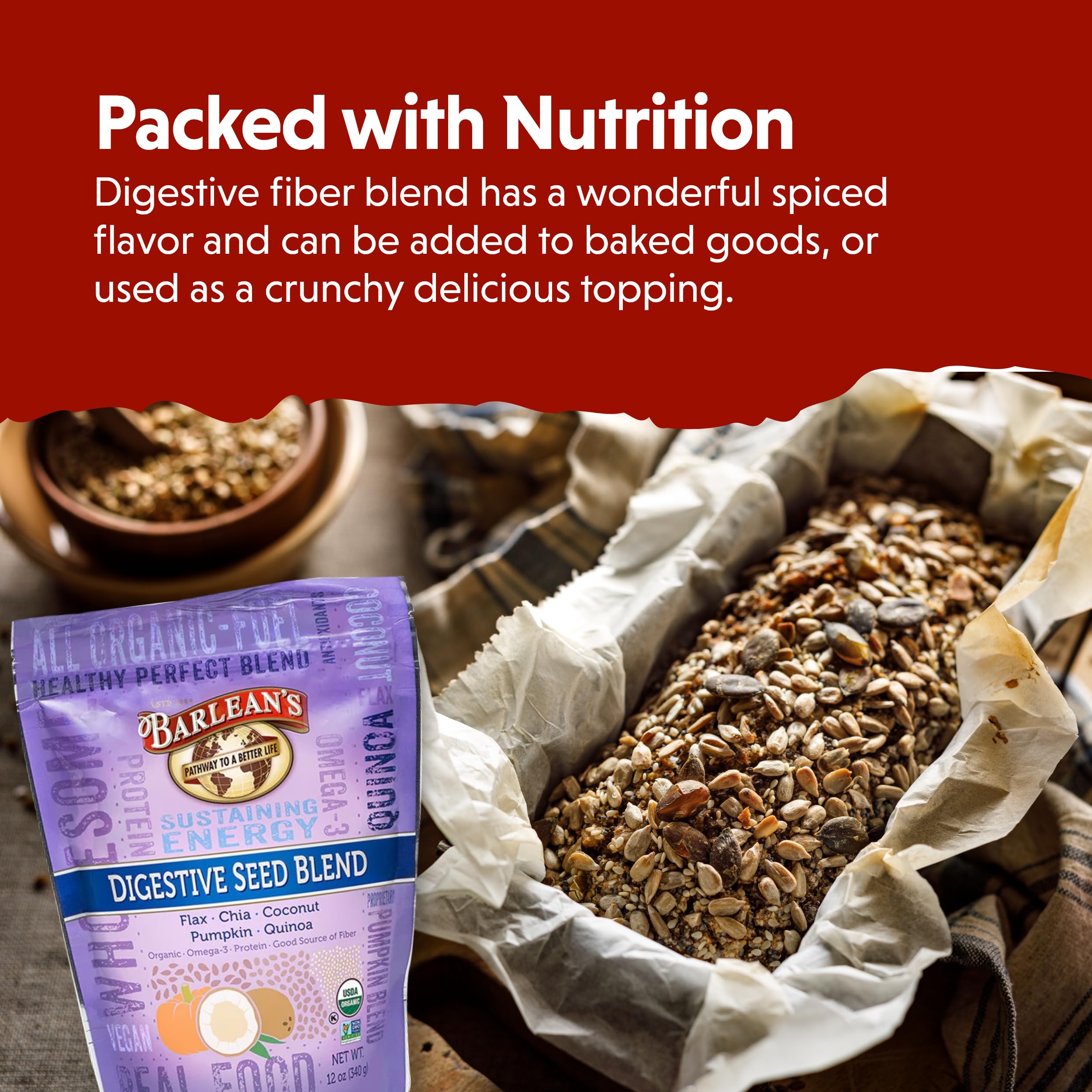 Close-up of Barlean's seeds mix highlighting chia, flax, and pumpkin.