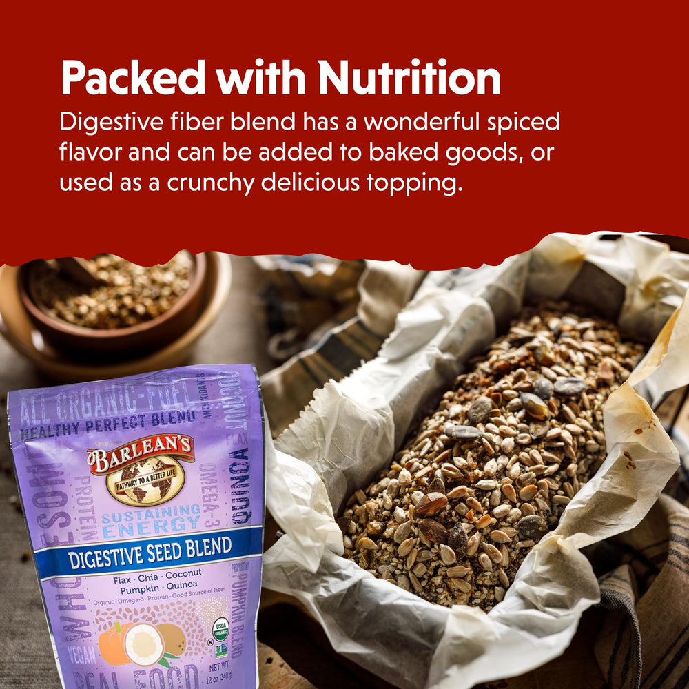 Close-up of Barlean's seeds mix highlighting chia, flax, and pumpkin.