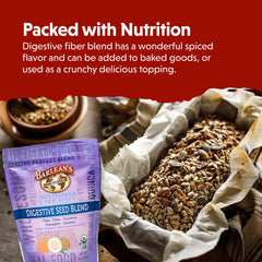 Close-up of Barlean's seeds mix highlighting chia, flax, and pumpkin.