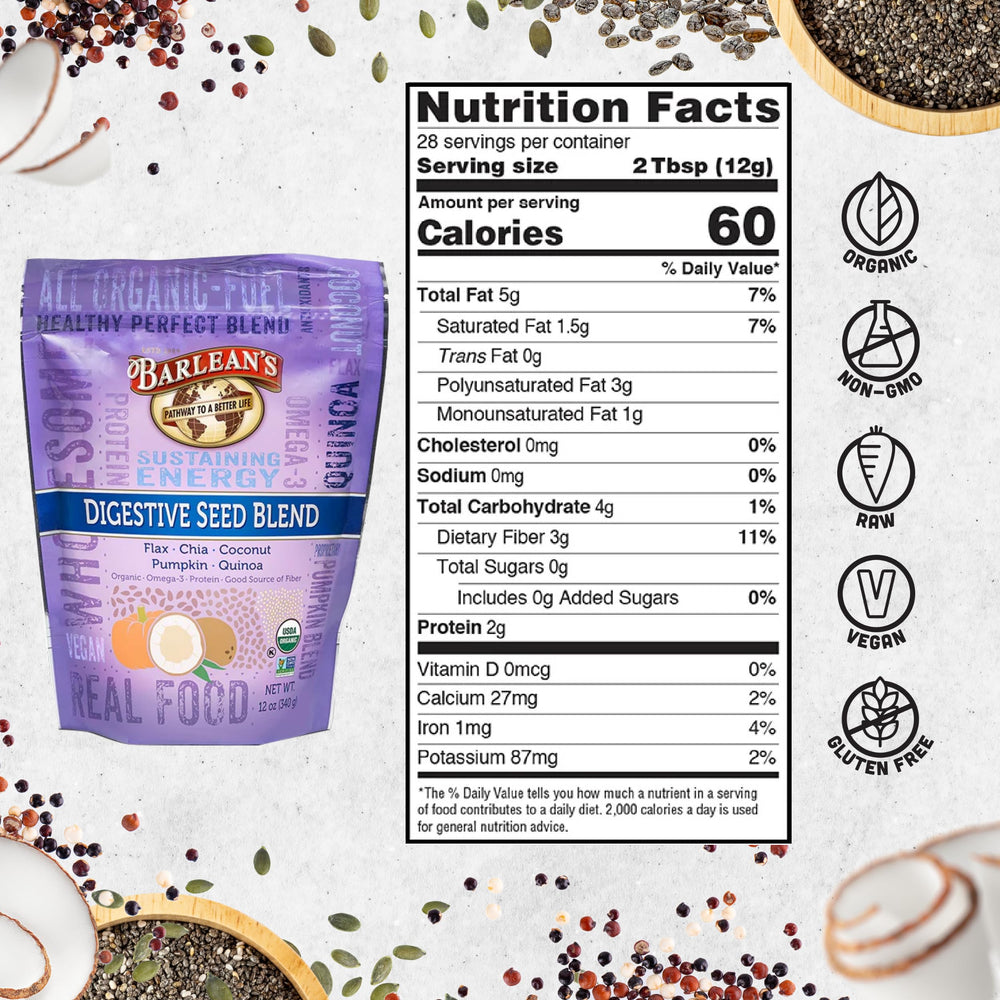 Barlean's Organic Digestive Seed Blend 2-pack packaging on display.