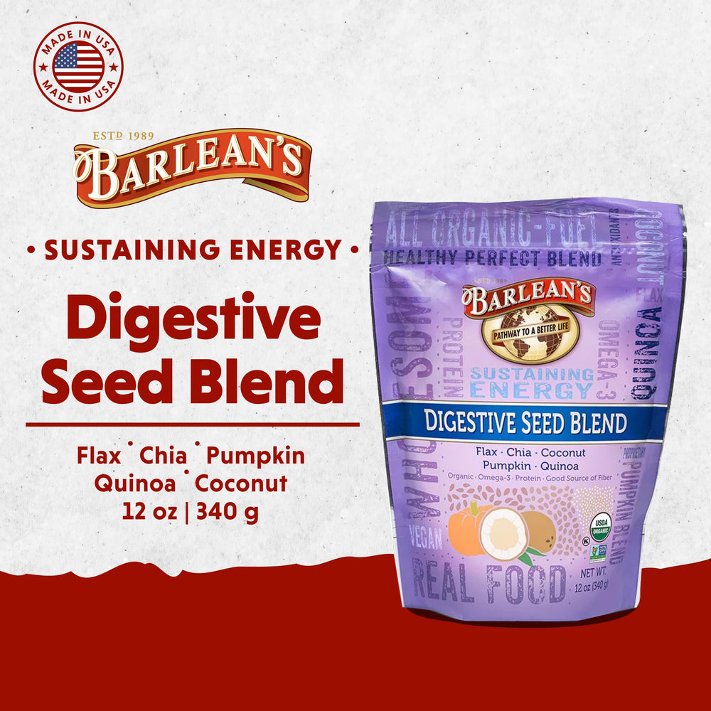 Barlean's Digestive Seed Blend scoop ready to mix into smoothies.
