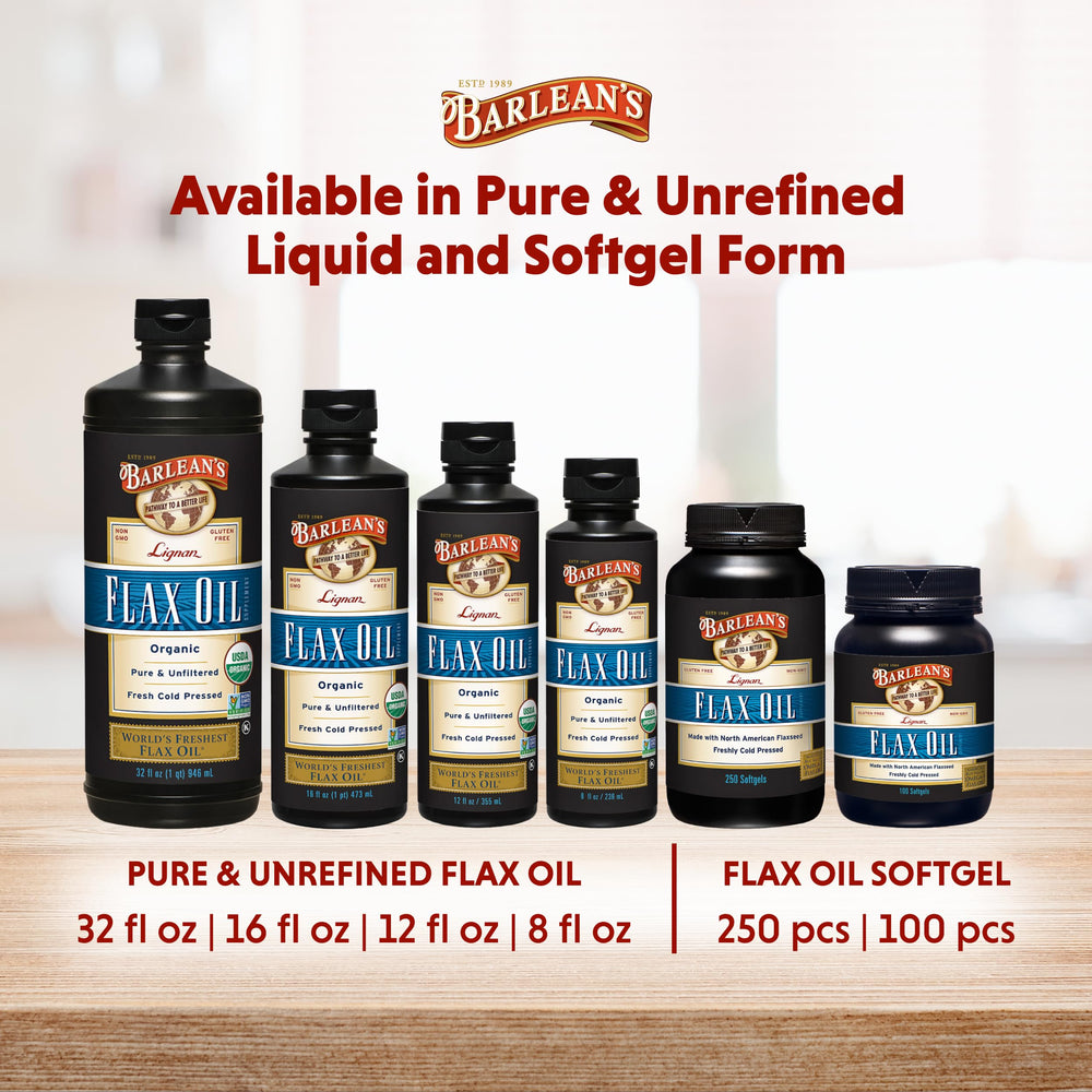 Barlean's Organic Lignan flaxseed oil label highlights non-GMO and vegan ingredients.