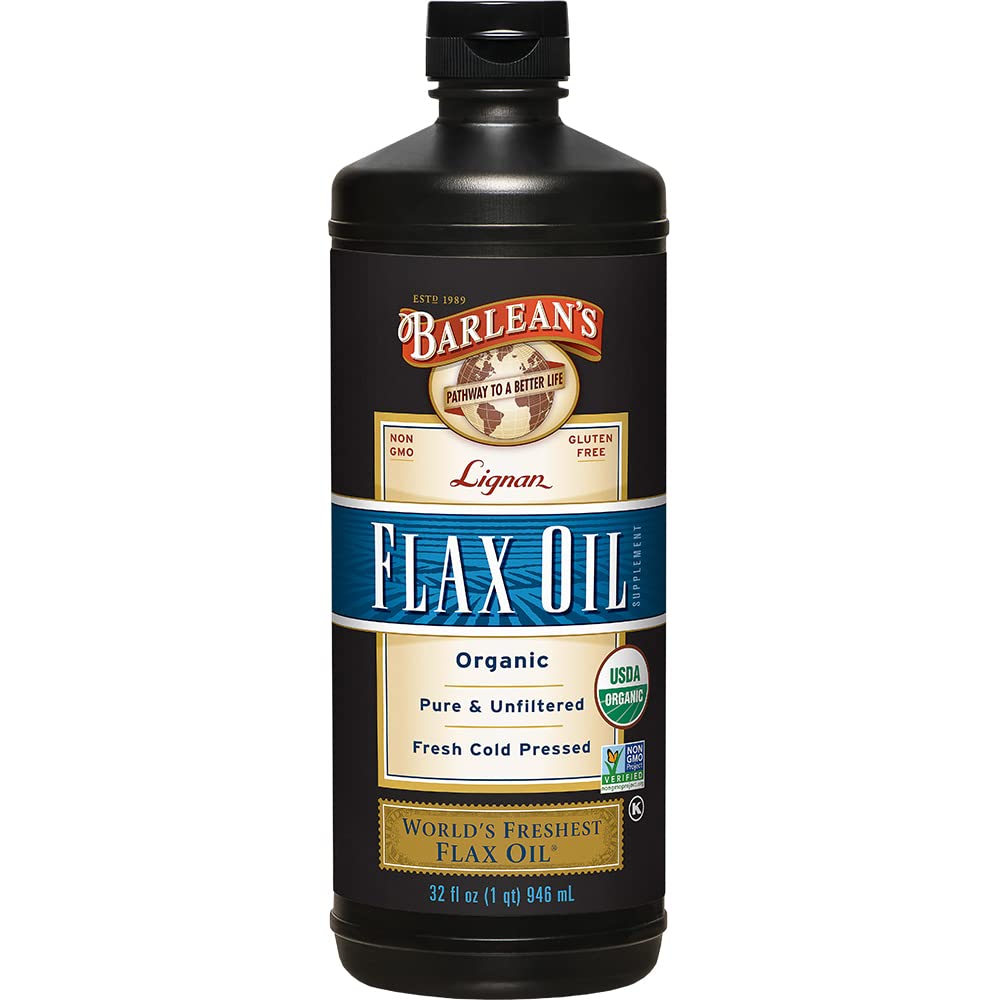 Barlean's Organic Lignan Omega-3 flaxseed oil bottle on shelf for daily use.