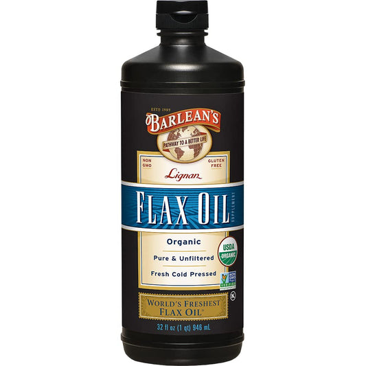 Barlean's Organic Lignan Omega-3 flaxseed oil bottle on shelf for daily use.