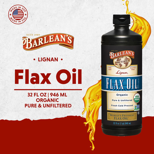 Barlean's Organic Lignan Omega-3 flaxseed oil being poured into a spoon.