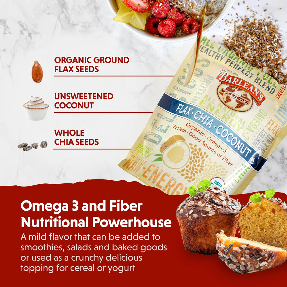 Barlean's organic seed blend closeup ingredients show flax, chia, and coconut for balanced fats.