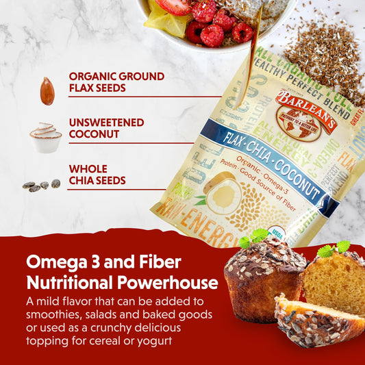 Barlean's organic seed blend closeup ingredients show flax, chia, and coconut for balanced fats.