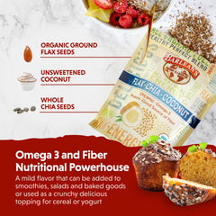 Barlean's organic seed blend closeup ingredients show flax, chia, and coconut for balanced fats.