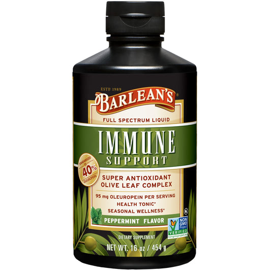 Barlean's Peppermint Olive Leaf Liquid bottle pour for easy daily immune support