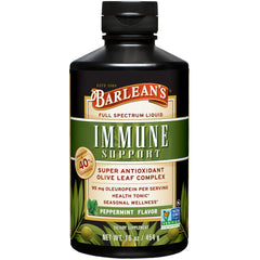 Barlean's Peppermint Olive Leaf Liquid bottle pour for easy daily immune support