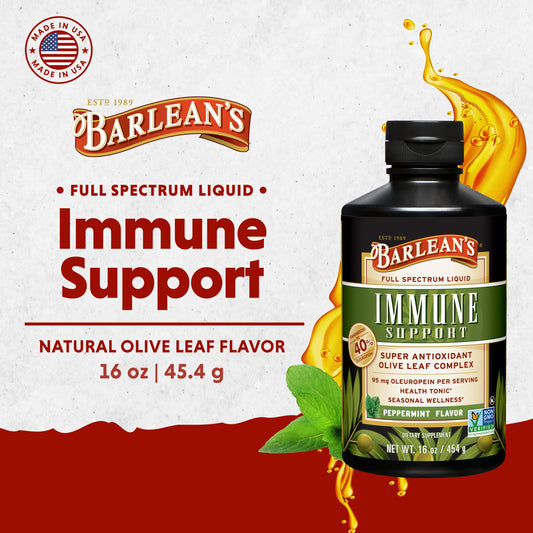 Barlean's Peppermint Olive Leaf Liquid bottle sideview showing convenient dosing