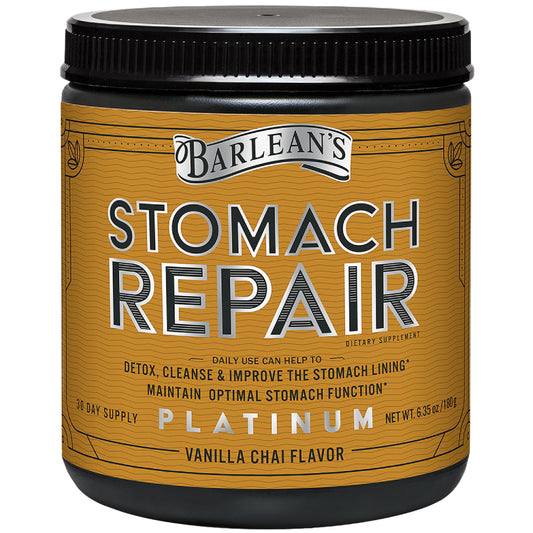 Barlean's Stomach Repair powder in tub for daily gut health support.