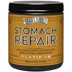 Barlean's Stomach Repair powder in tub for daily gut health support.