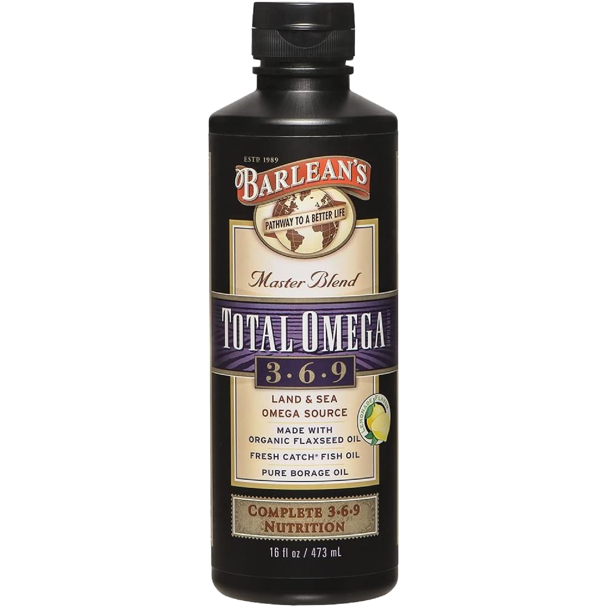Barlean's Total Omega 3-6-9 bottle shown for daily omega support.