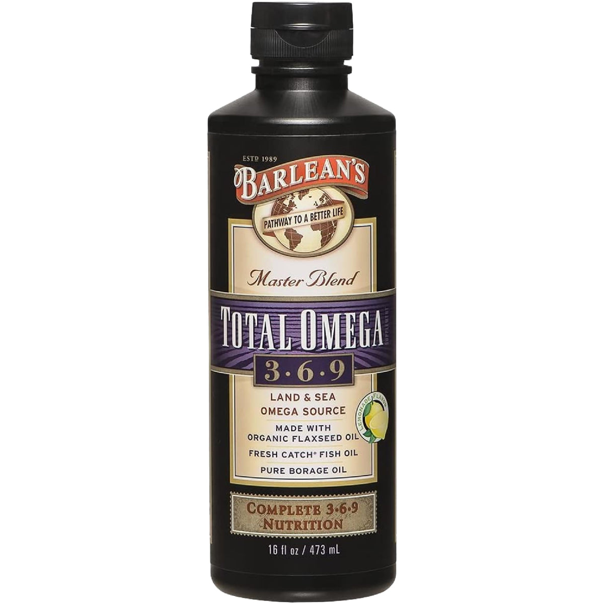 Barlean's Total Omega 3-6-9 bottle shown for daily omega support.