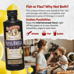 Close-up of Barlean's Total Omega 3-6-9 label with lemon flavor.