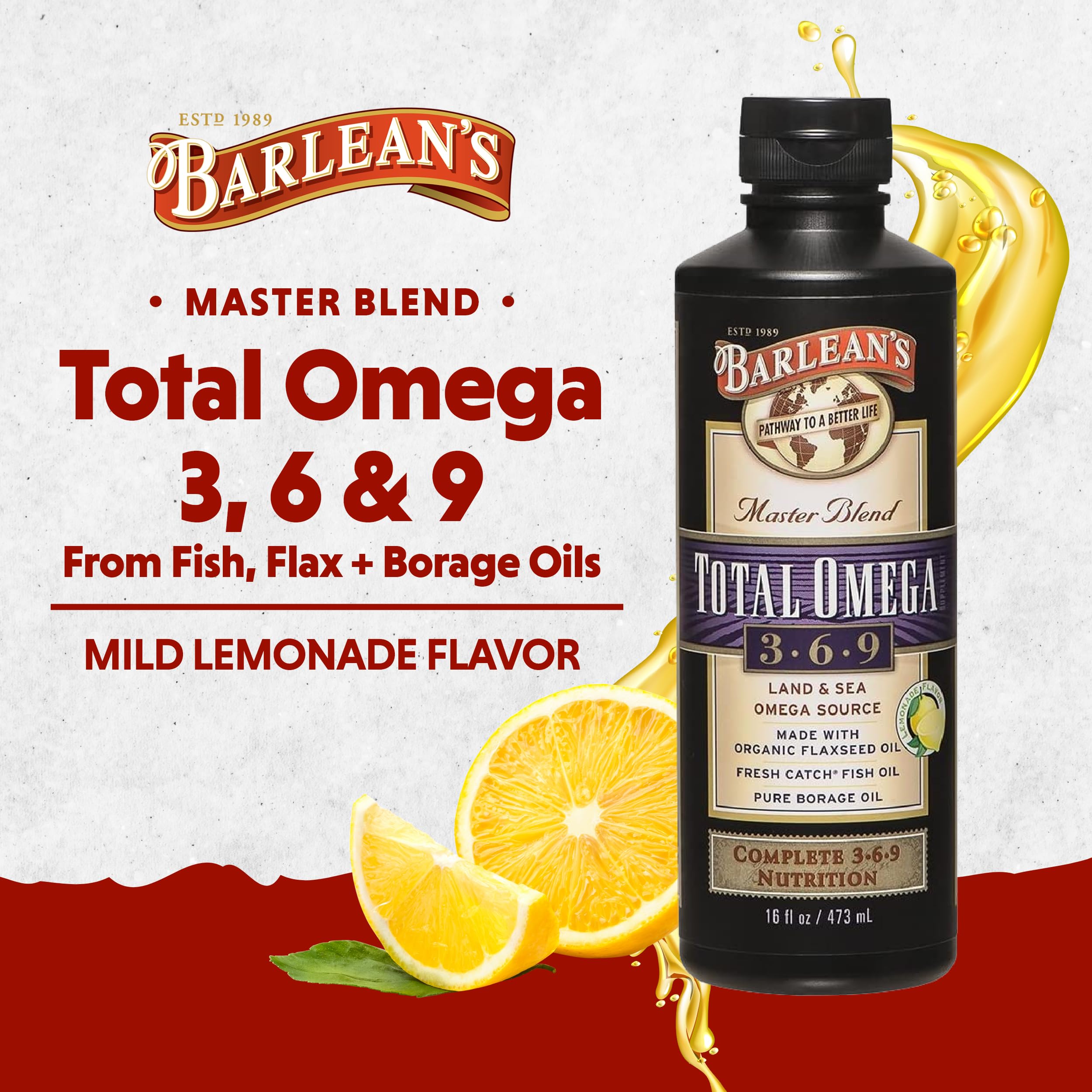 Pouring Barlean's Total Omega 3-6-9 into juice for easy daily use.