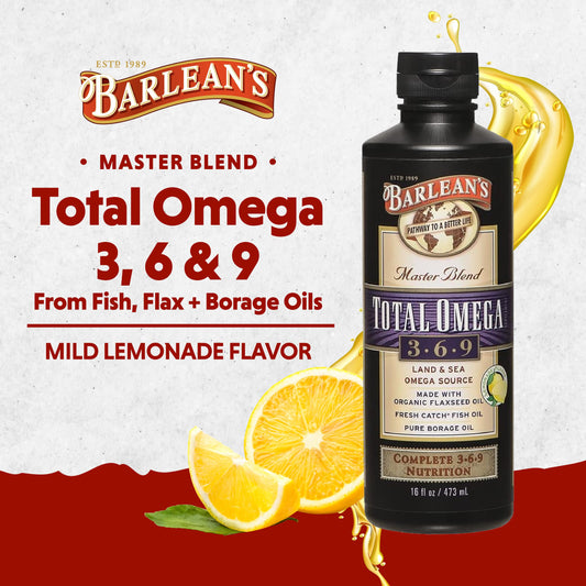 Pouring Barlean's Total Omega 3-6-9 into juice for easy daily use.
