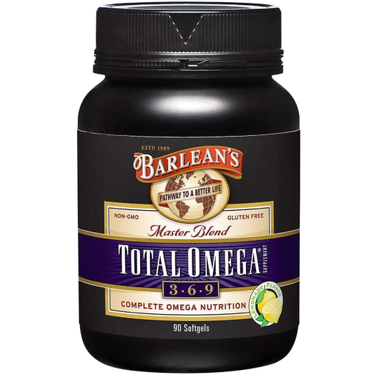 Barlean's Total Omega bottle shows blended oils for daily wellness and balance.