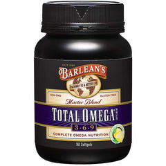 Barlean's Total Omega bottle shows blended oils for daily wellness and balance.