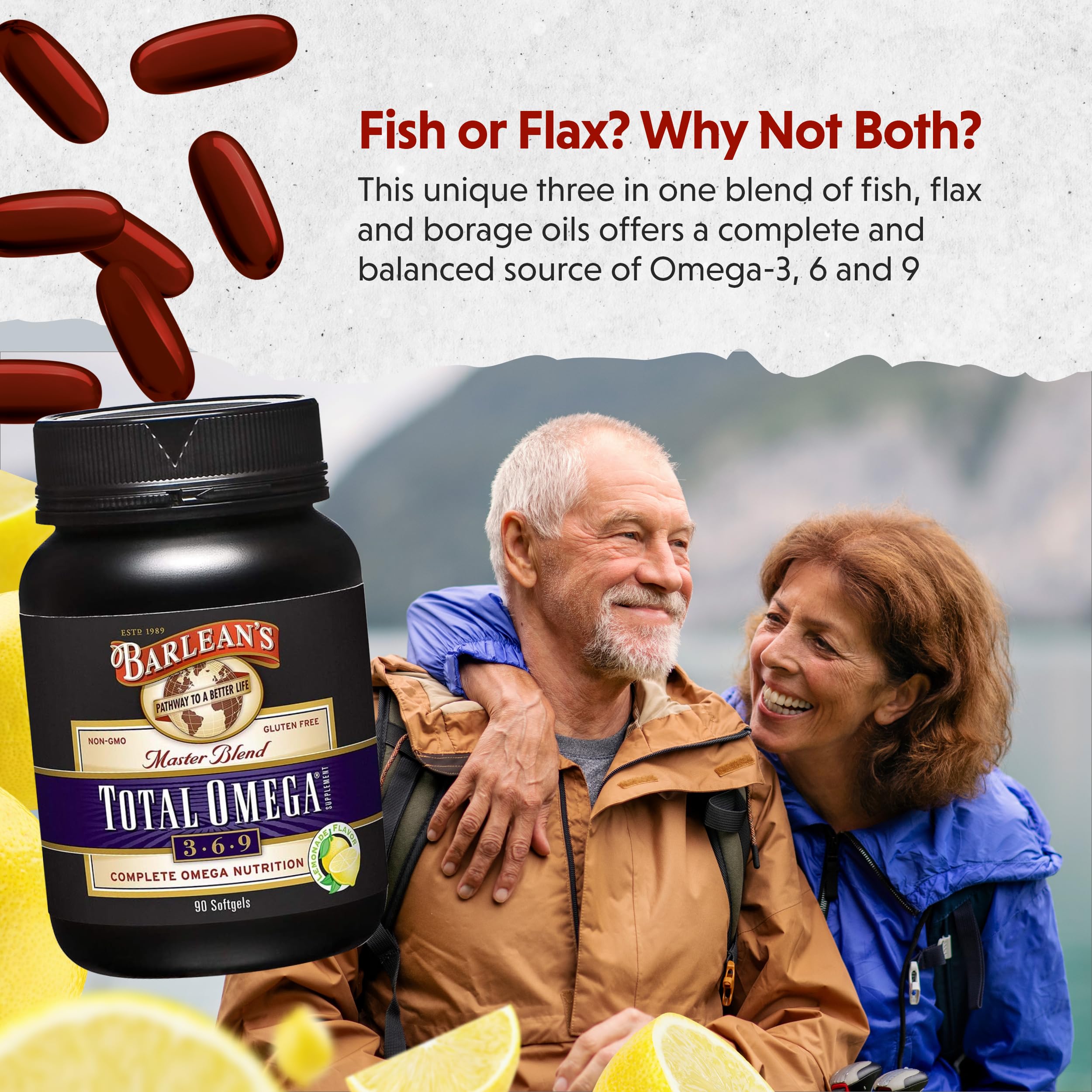 Barlean's Total Omega softgels front label displays key omega information.