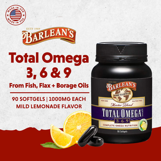 Barlean's Total Omega lemon softgels closeup highlights flavor and omega blend.