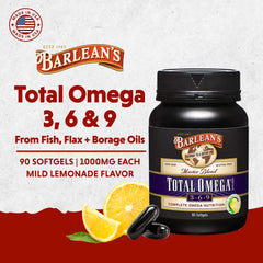 Barlean's Total Omega lemon softgels closeup highlights flavor and omega blend.