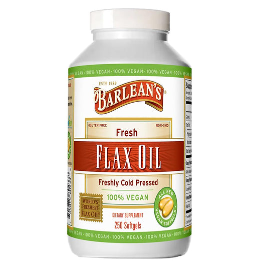 Barlean's vegan flaxseed oil softgels bottle for daily omega-3 intake.