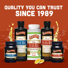 Barlean's vegan flaxseed oil softgels closeup highlights digestive health support.