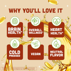 Barlean's vegan flaxseed oil softgels packaging highlights vegan, non-GMO sourcing.