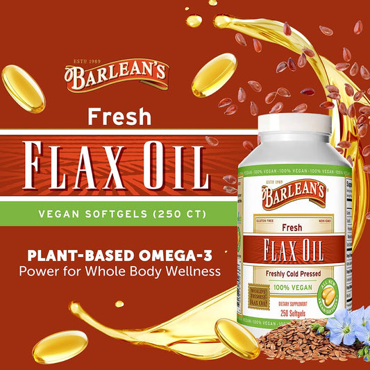 Barlean's vegan flaxseed oil softgels pour demonstrates easy daily intake.
