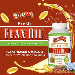 Barlean's vegan flaxseed oil softgels pour demonstrates easy daily intake.