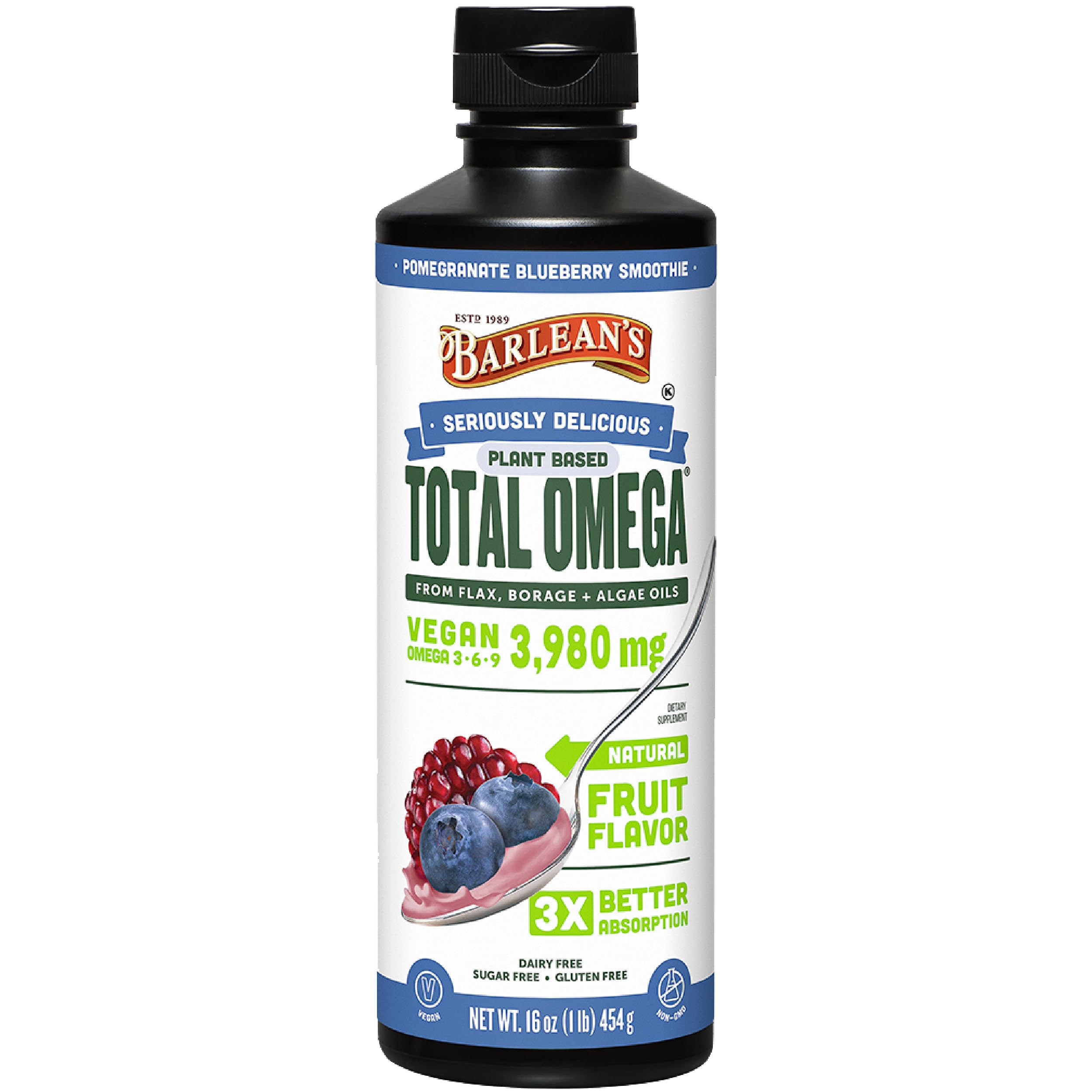 Barlean's bottle shows the vegan omega blend for daily wellness.