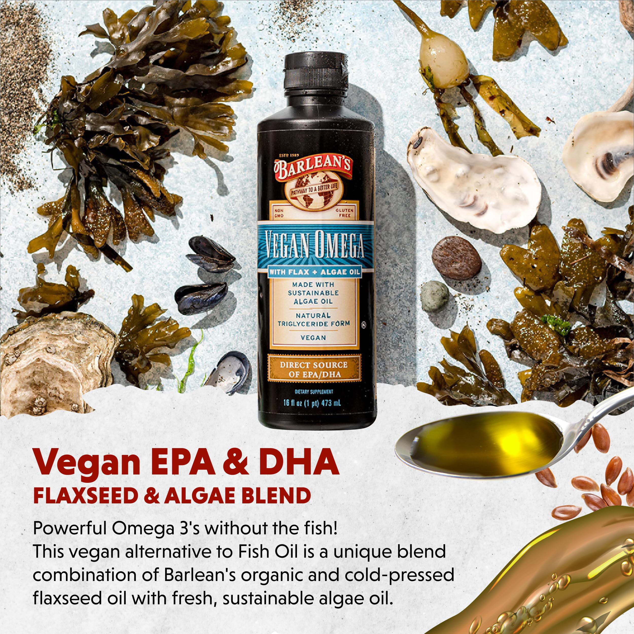 Barlean's Vegan Omega label close-up highlighting vegan, non-GMO formulation.
