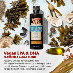 Barlean's Vegan Omega label close-up highlighting vegan, non-GMO formulation.