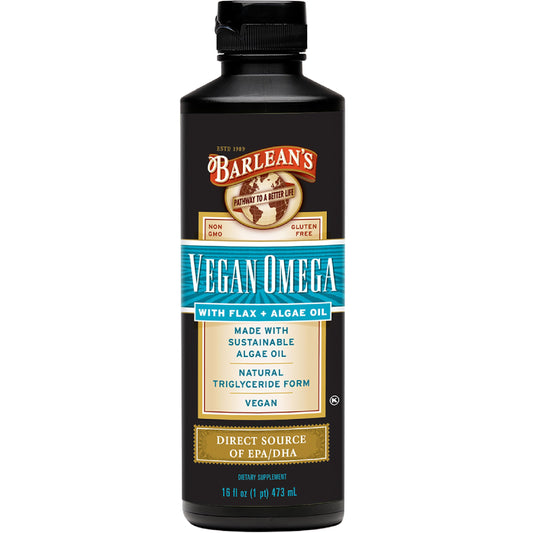 Barlean's Vegan Omega oil bottle front, a convenient plant-based supplement you can add to meals.
