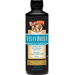Barlean's Vegan Omega oil bottle front, a convenient plant-based supplement you can add to meals.